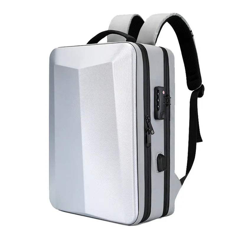 Waterproof ABS PC business backpack in black and silver white colour options showing curved shoulder straps