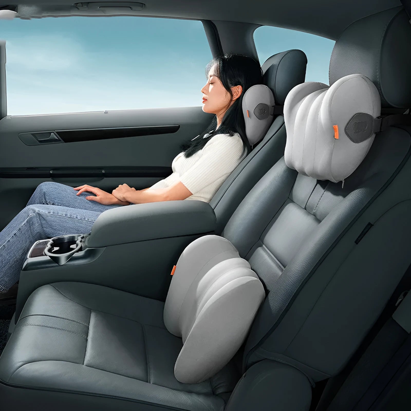 Grey and orange memory foam headrest and lumbar pillow set for suspension bin truck driver comfort.