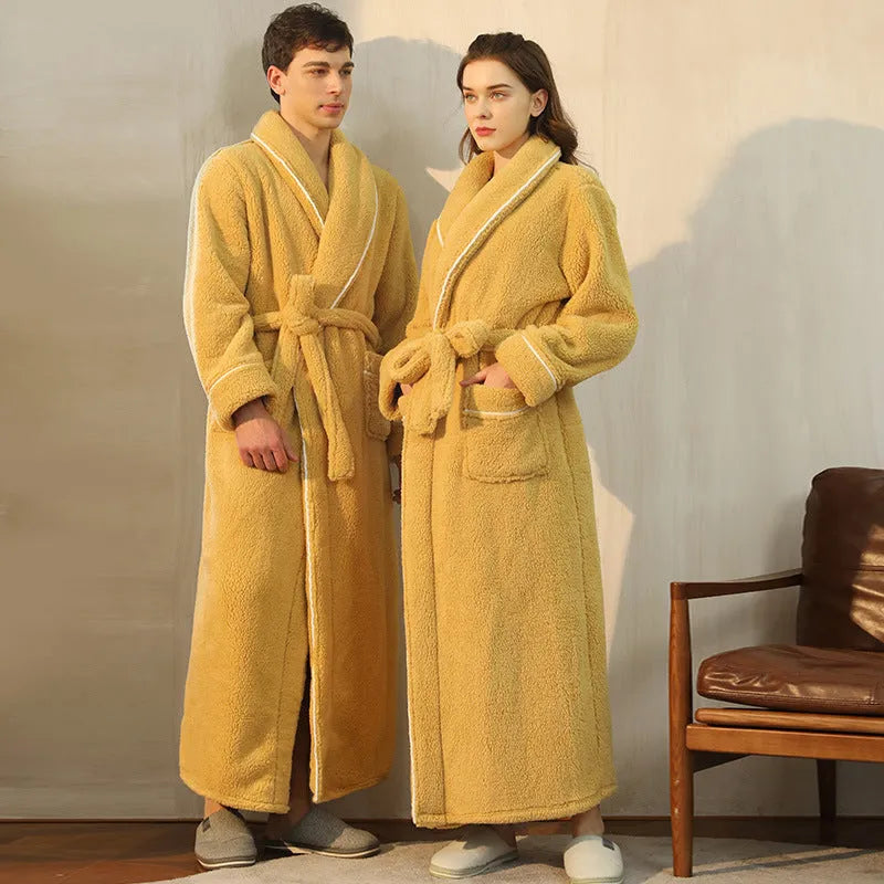 Winter bathrobe in thick polyester flannel fabric showing colour options and plus size fit for cold weather sleepwear