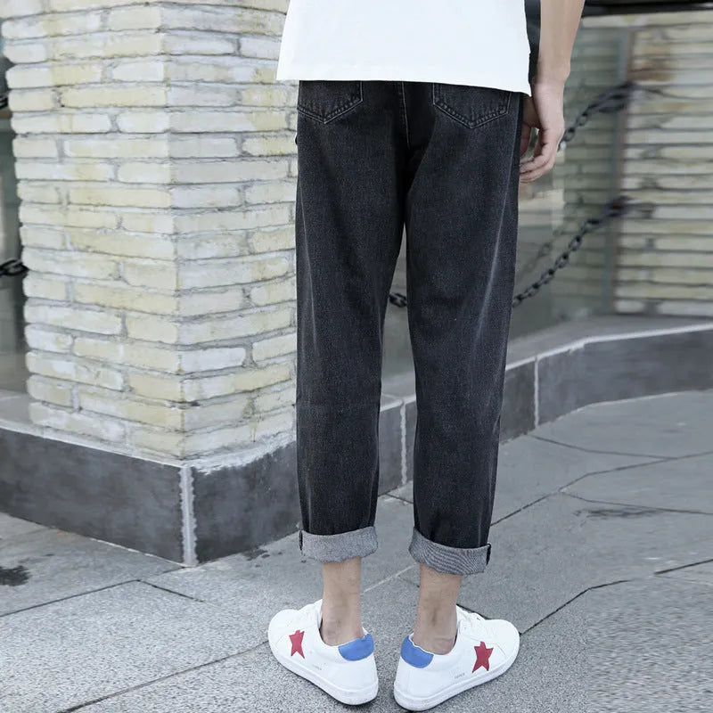 Men's loose straight-leg harem jeans in blue denim fabric