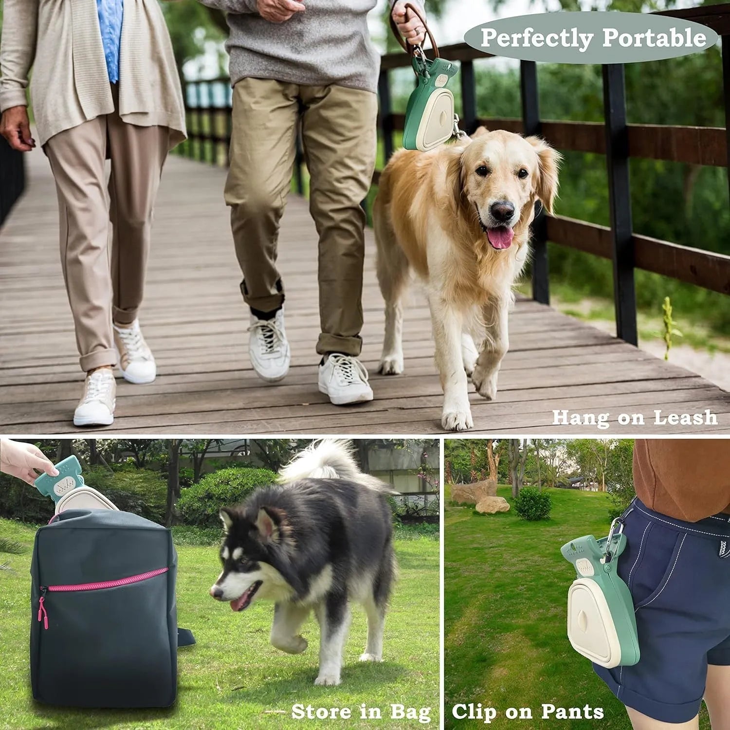 Blue portable dog pooper scooper with clip, shown unfolded next to a dog lead.