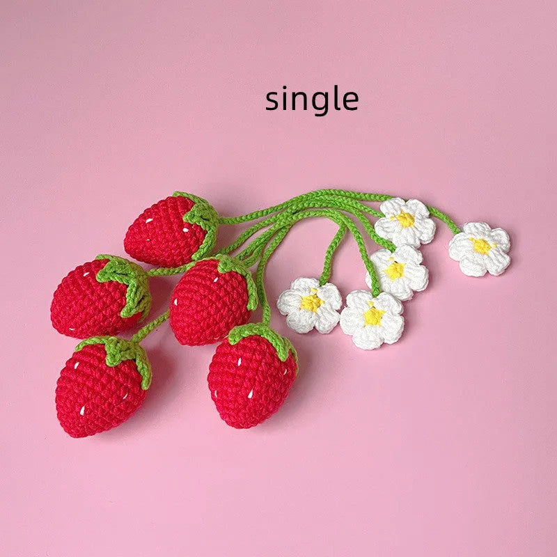 Red knitted wool crochet strawberry pendant with 35cm cord for accessory decoration