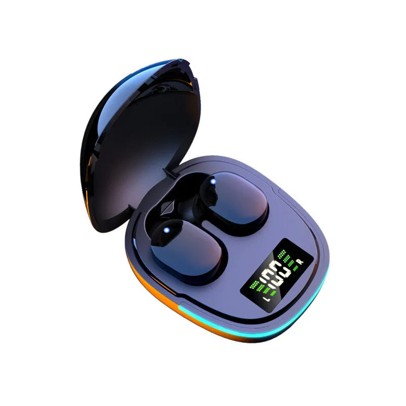Black true wireless stereo Bluetooth in-ear headphones with charging case on display