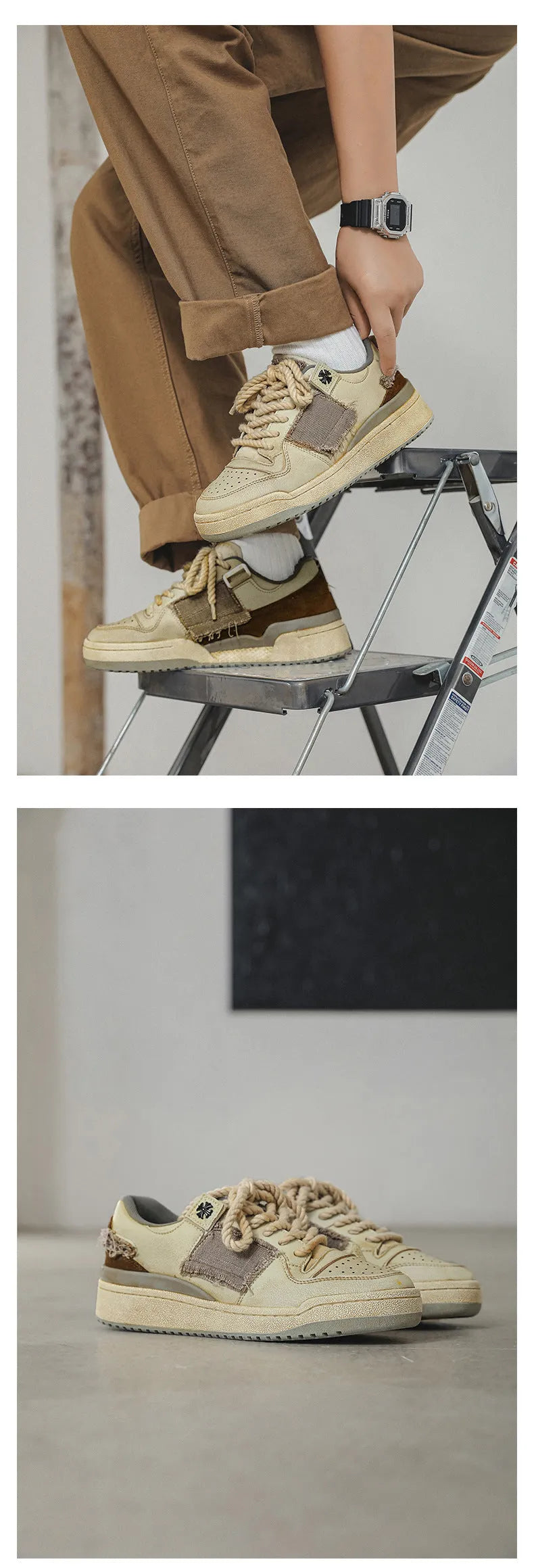 Beige low-top skateboard shoes with microfiber upper and rubber sole on white background