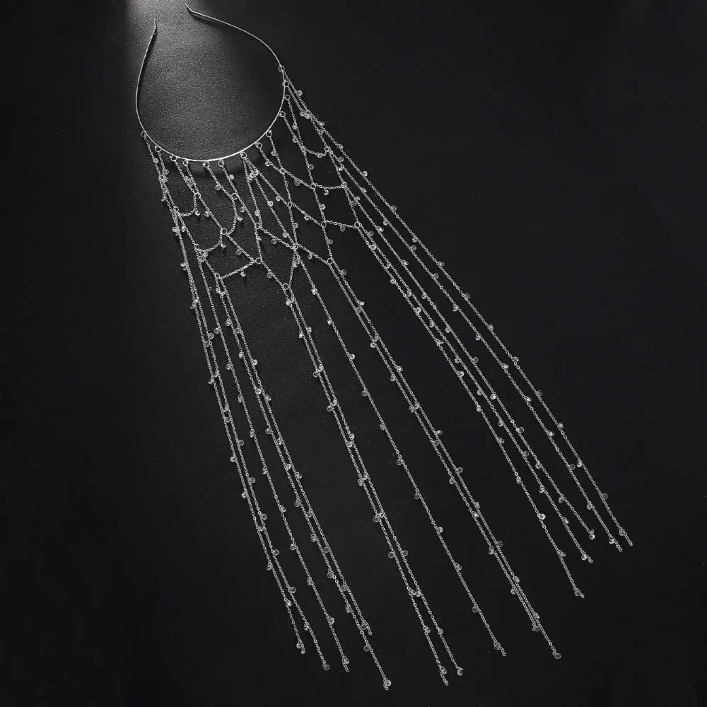 Mesh tassel rhinestone headband hair accessory in gold or silver electroplated colour