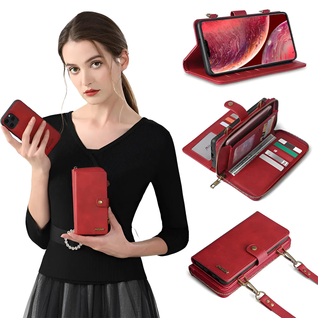 Black detachable wallet magnetic phone case for Samsung Galaxy Note and iPhone on a table.