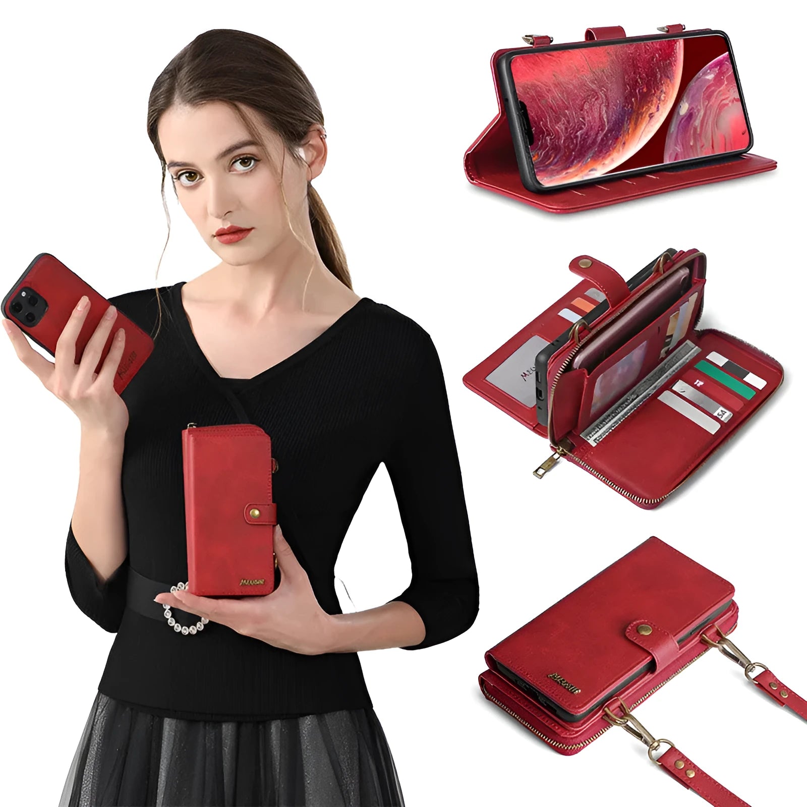 Black detachable wallet magnetic phone case for Samsung Galaxy Note and iPhone on a table.