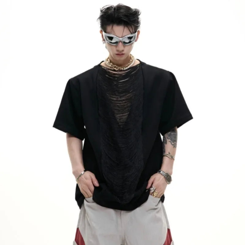 Men's black polyester T-shirt with hollow out V-neck and tassel details in loose fit style