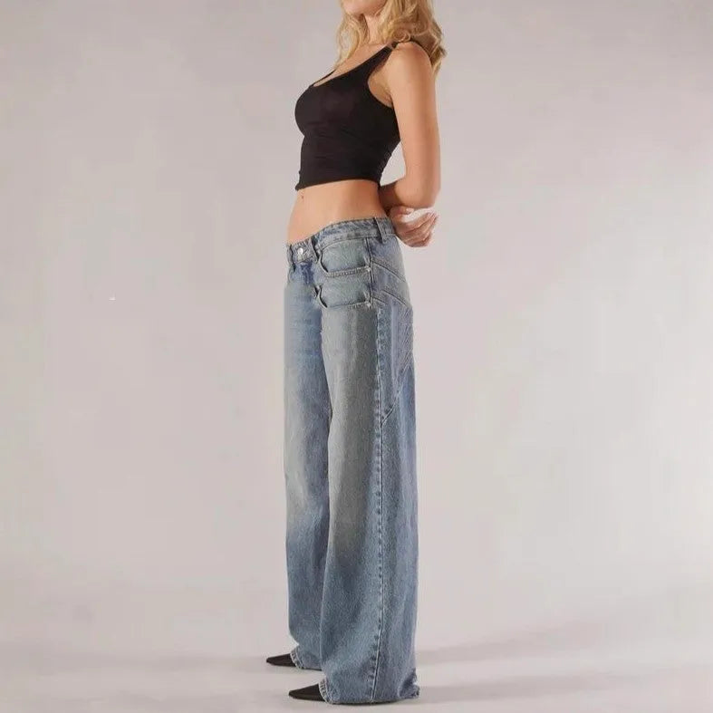 Blue cotton loose straight wide leg mop trousers with low waist and splicing details