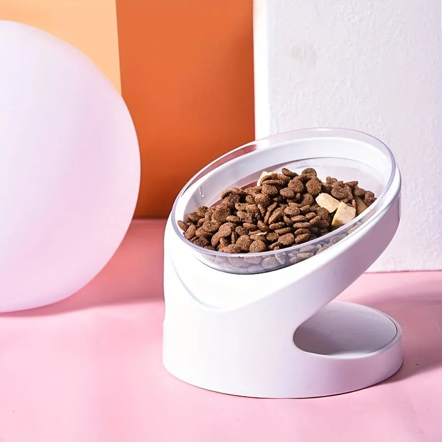 White elevated plastic cat food bowl with ergonomic tilt and anti-vomit design