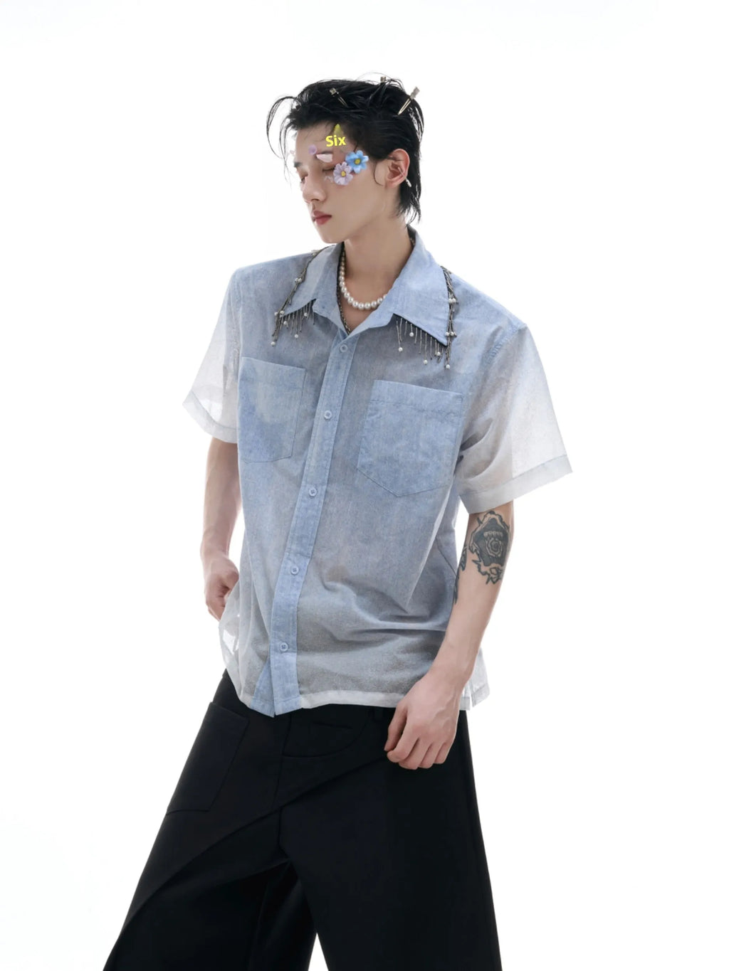 Man's blue and white gradient loose-fit casual half-sleeve polyester shirt