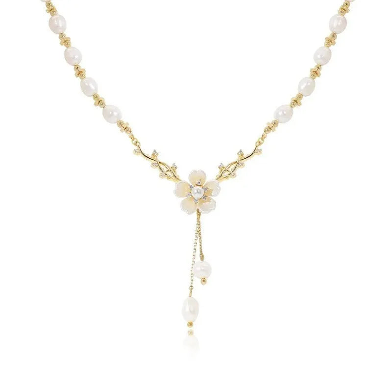 Alloy pearl chain necklace with floral and rose decorative elements in pearl flower colour