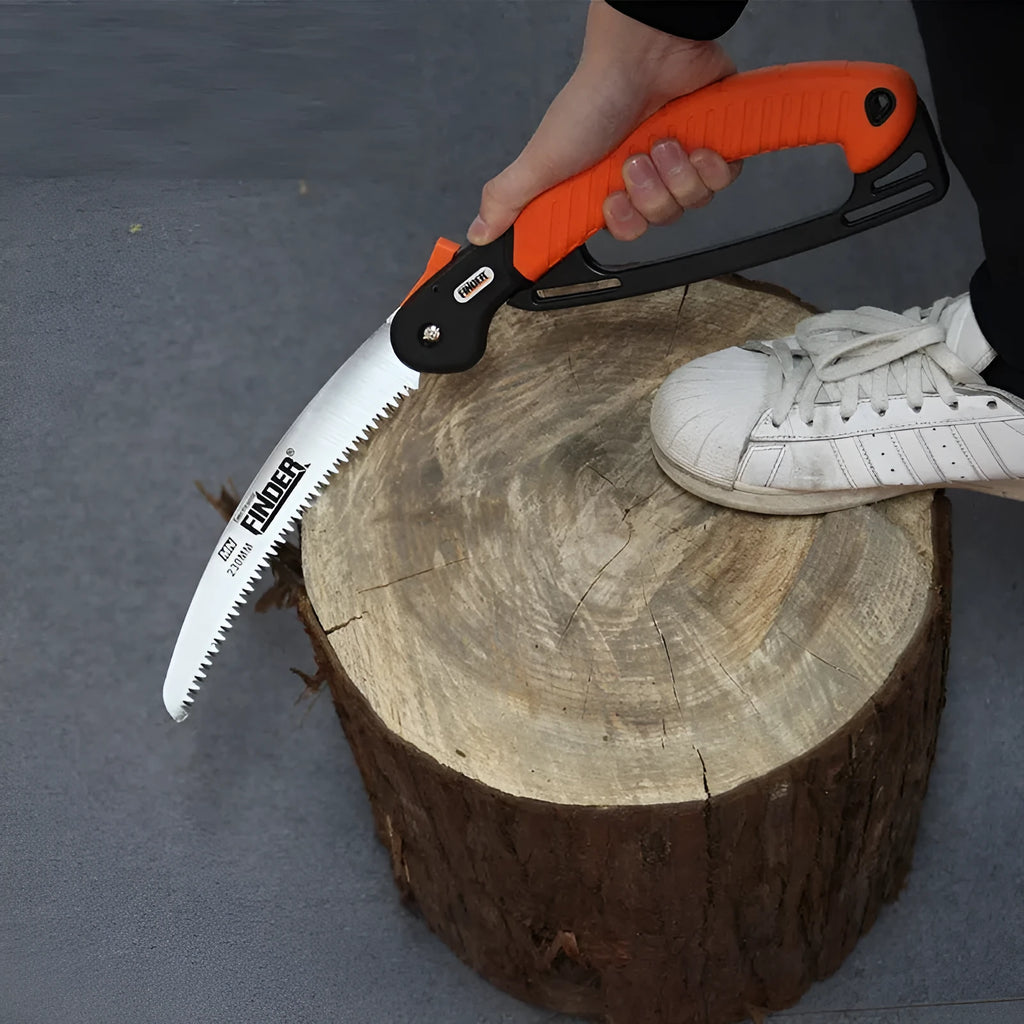Garden folding saw with 9-inch 65MN steel blade and TPR grip shown in open position