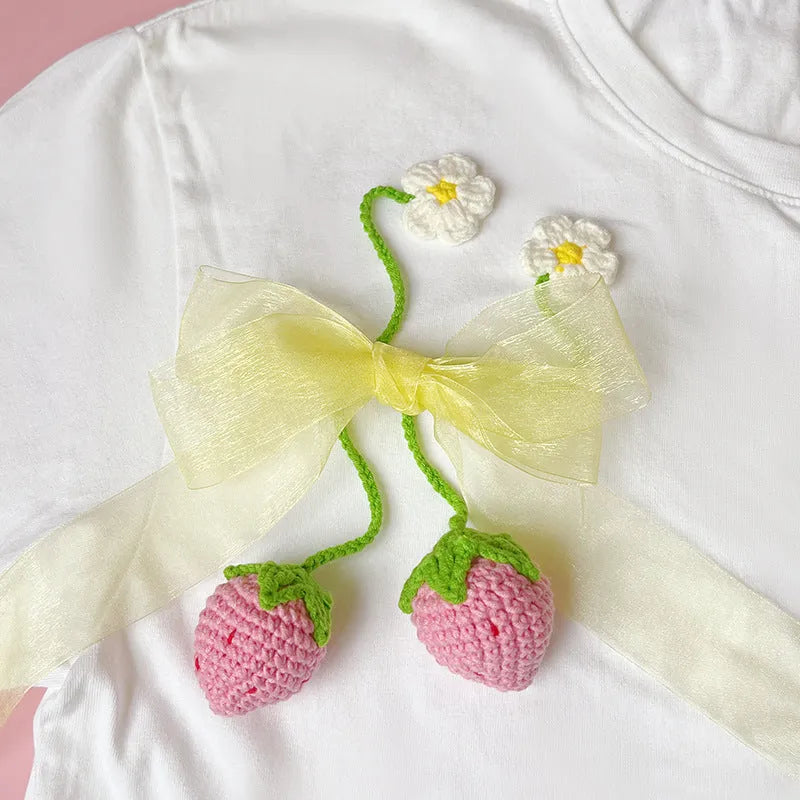 Red knitted wool crochet strawberry pendant with 35cm cord for accessory decoration