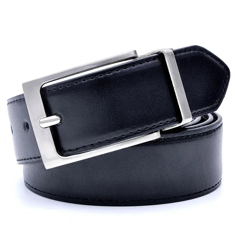 Men's brown and black genuine leather belt with rotating metal pin buckle showing length measurement