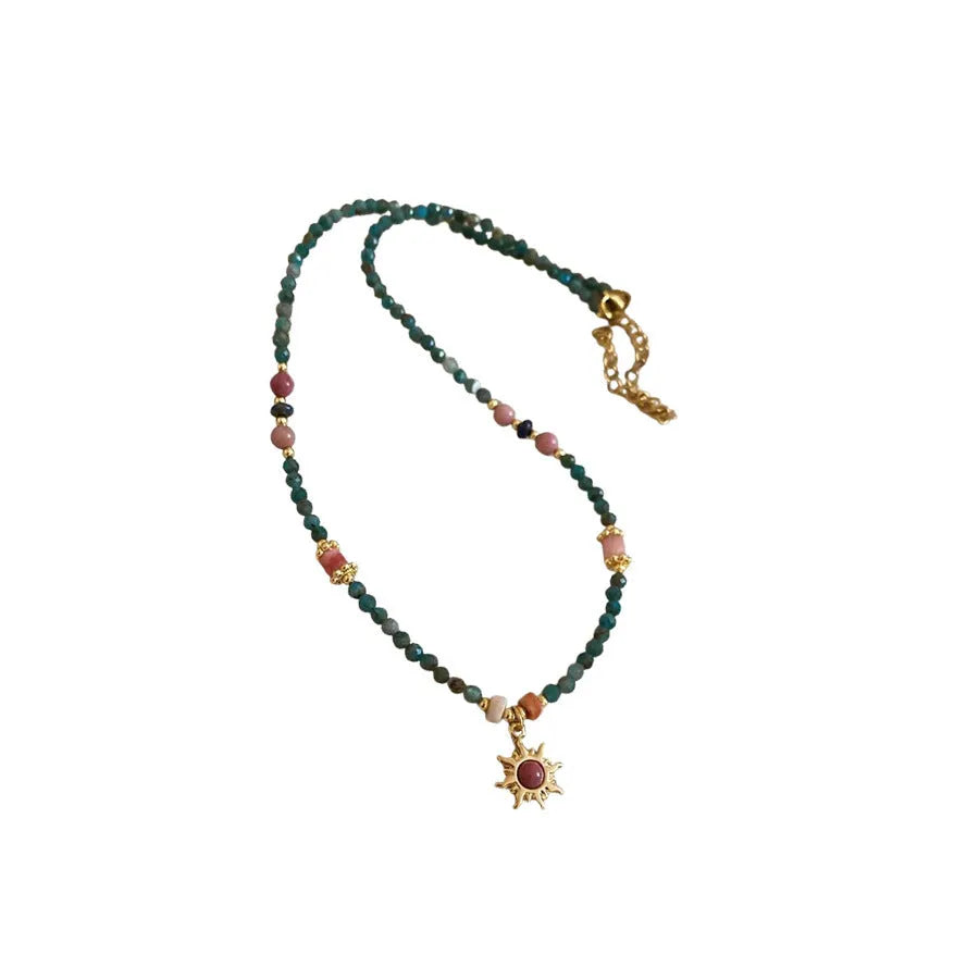 Freshwater pearl necklace with stone sun pendant in French royal court style, blue sun colour option