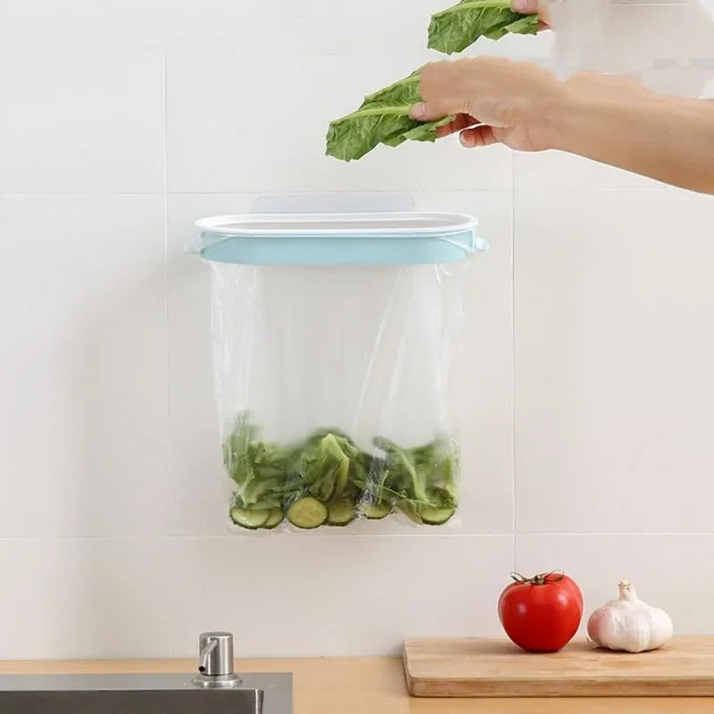 White plastic kitchen bin bag storage rack with handle and rubber feet, shown in blue colour.