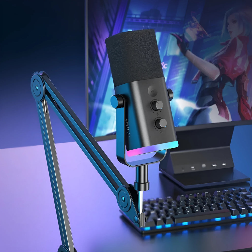 Dynamic noise reduction condenser microphone in black, pink or white with USB-C XLR cable and desktop base