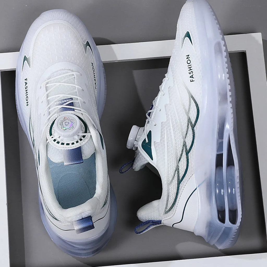 Men's white low-top mesh casual running shoes with round toe and lace-up front, on a solid background.