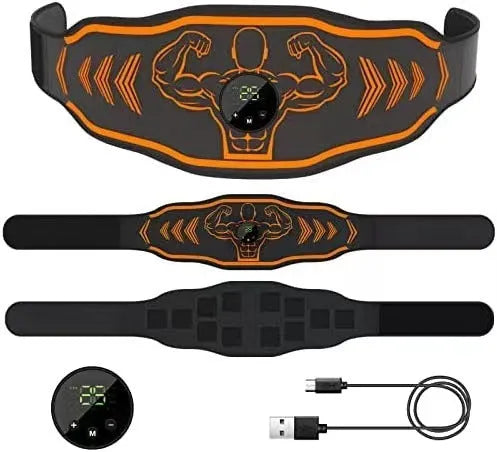 Smart EMS massage fitness belt with arm pads in blue and orange colour options
