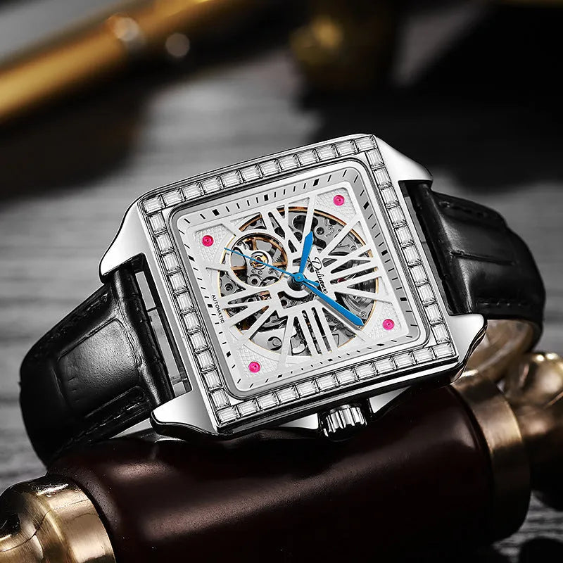 Square diamond-studded automatic watch for men with business style design