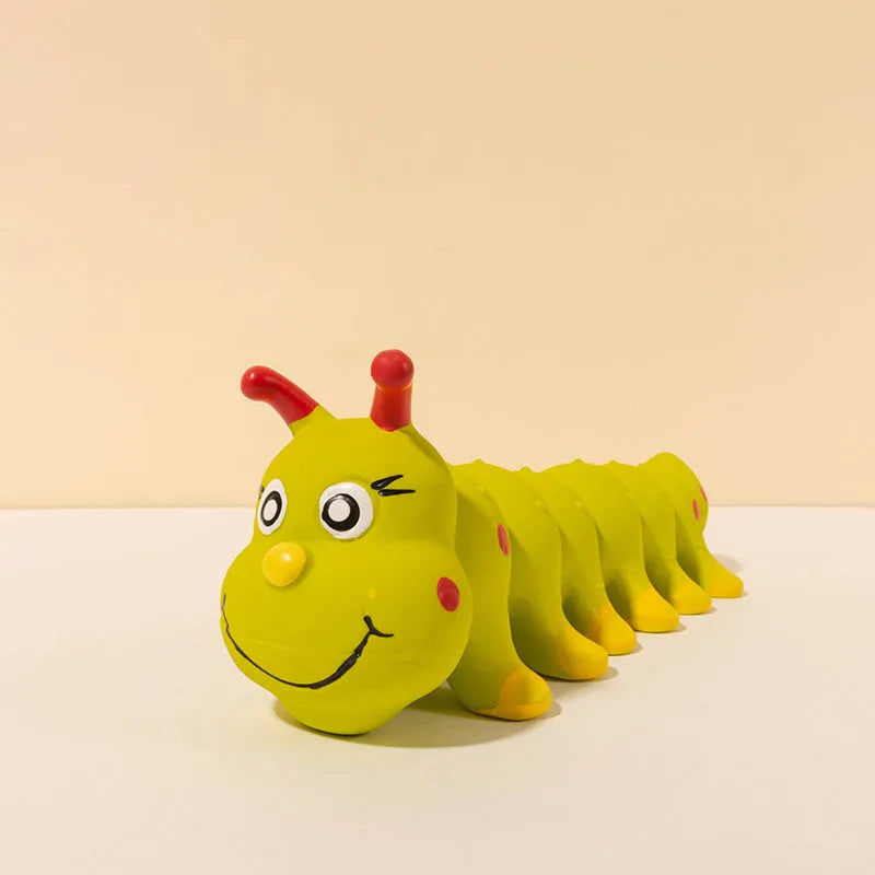 Yellow caterpillar-shaped rubber squeaky dog toy measuring 25.5cm long