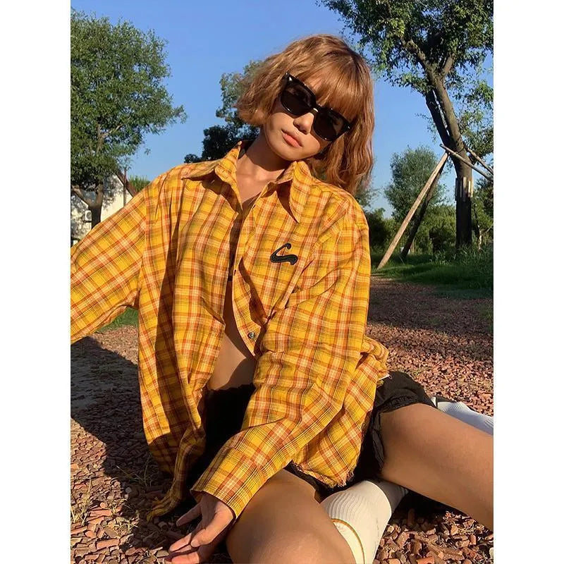 Dopamine yellow plaid shirt in loose fit design with cardigan style