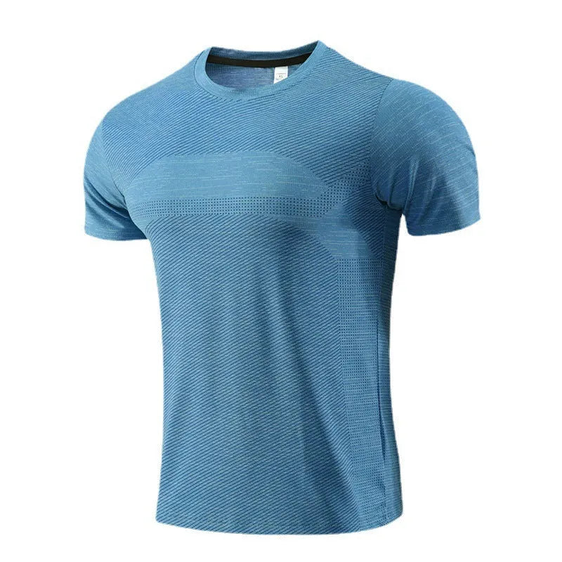 Men's short sleeve sports t-shirt in polyester spandex for running and basketball workouts.