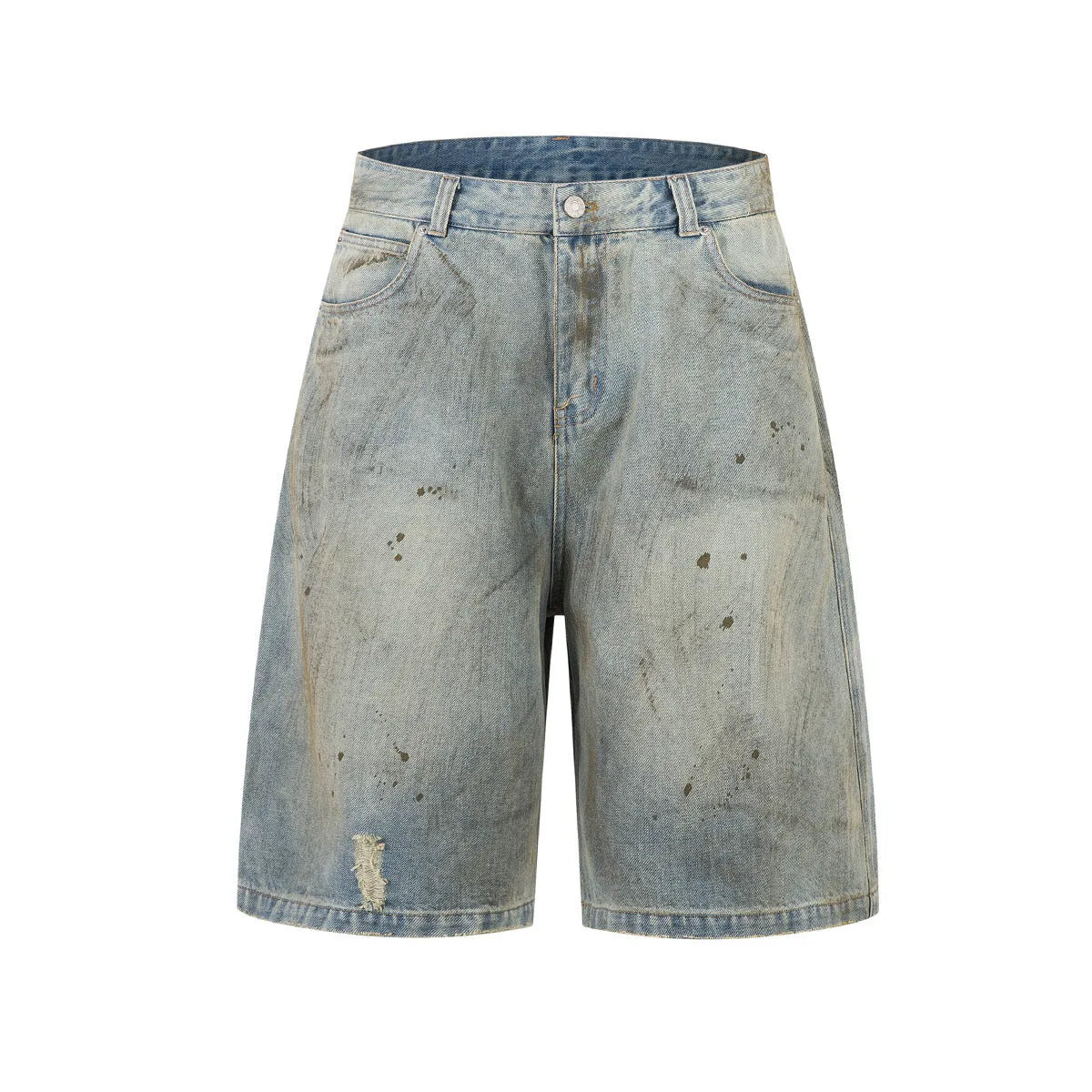 Washed blue cropped denim jeans with straight leg cut and zipper fly