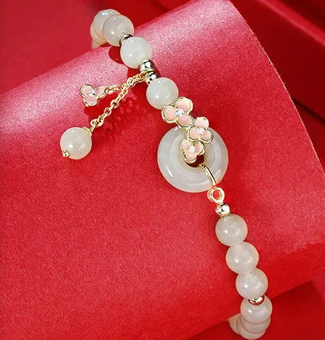 Peach blossom Hetian jade bracelet sterling silver flower shape 6mm inlaid stone