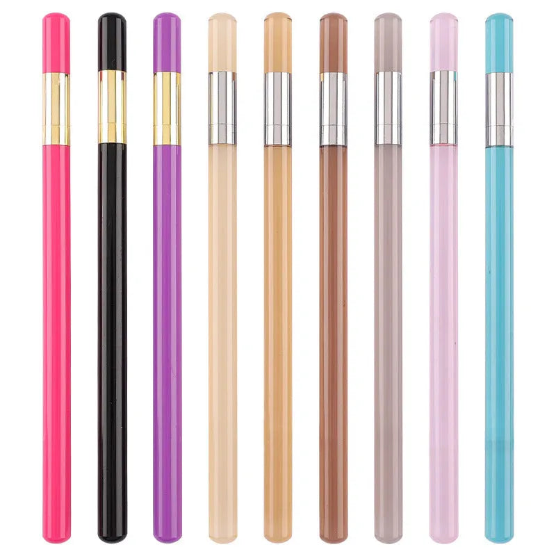 Transparent acrylic mechanical pencil with alloy nib, shown with coloured refill leads.