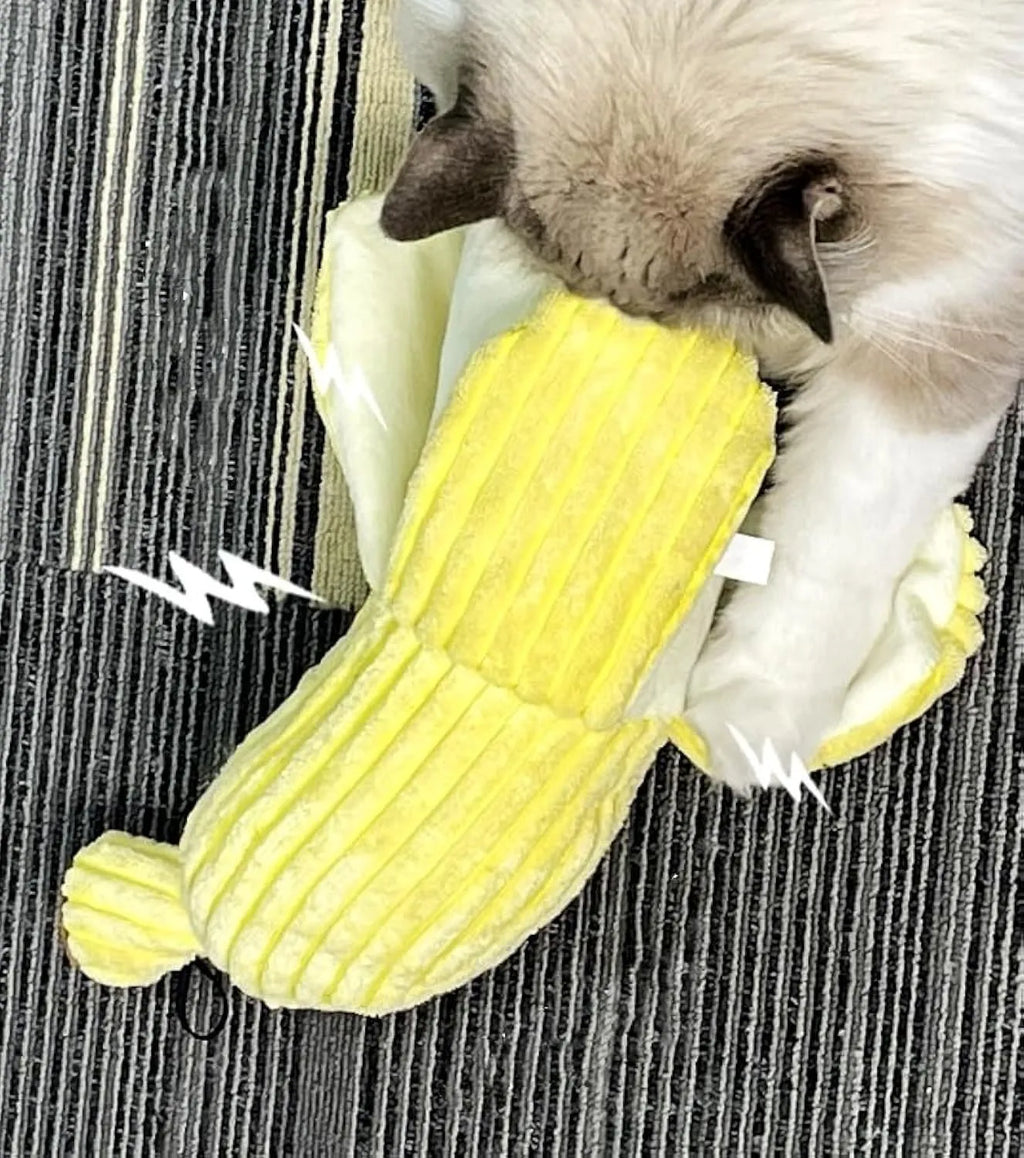 Yellow banana shaped plush cat toy with crinkle sound paper inside.