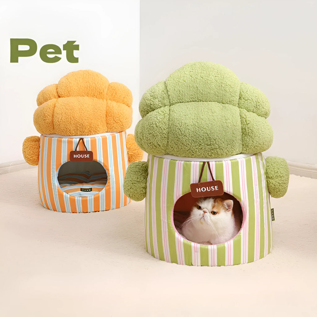 Green cauliflower-shaped enclosed pet house with a tree hole entrance and removable cushion for a small dog or cat.