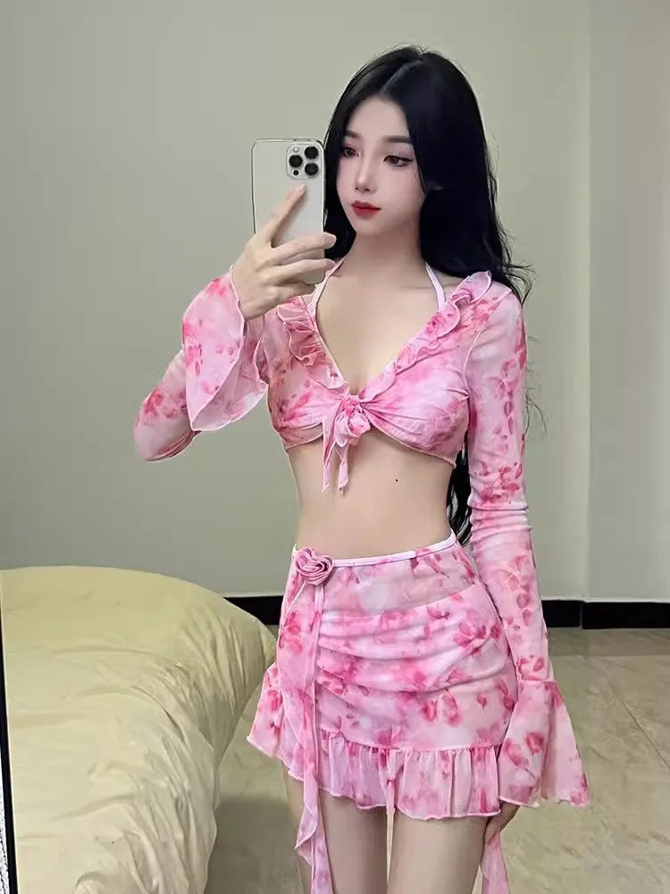 Women's floral bikini swimsuit in cherry blossom pink with Asian sizing