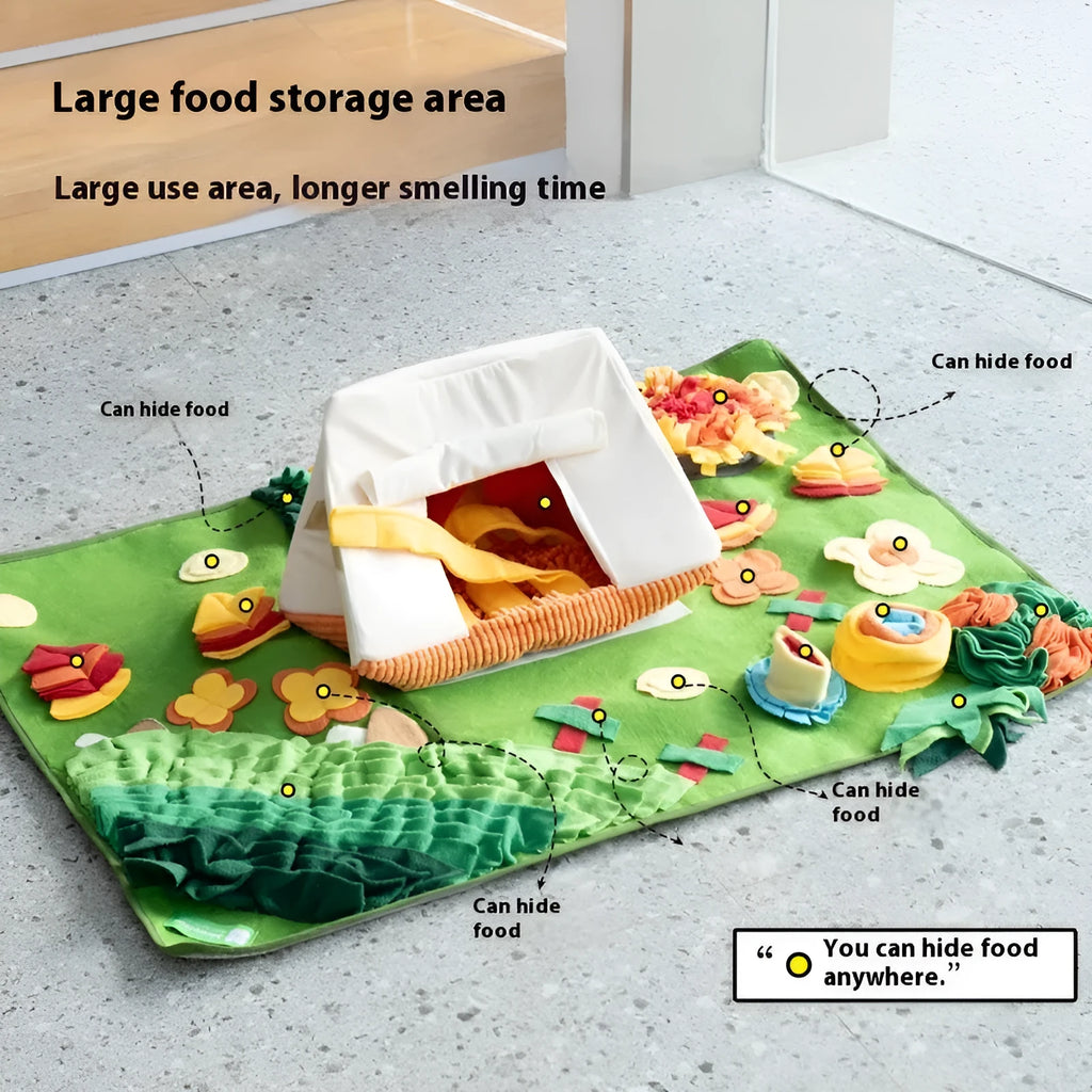 Garden camping theme plastic dog sniffing mat for hiding food treats.