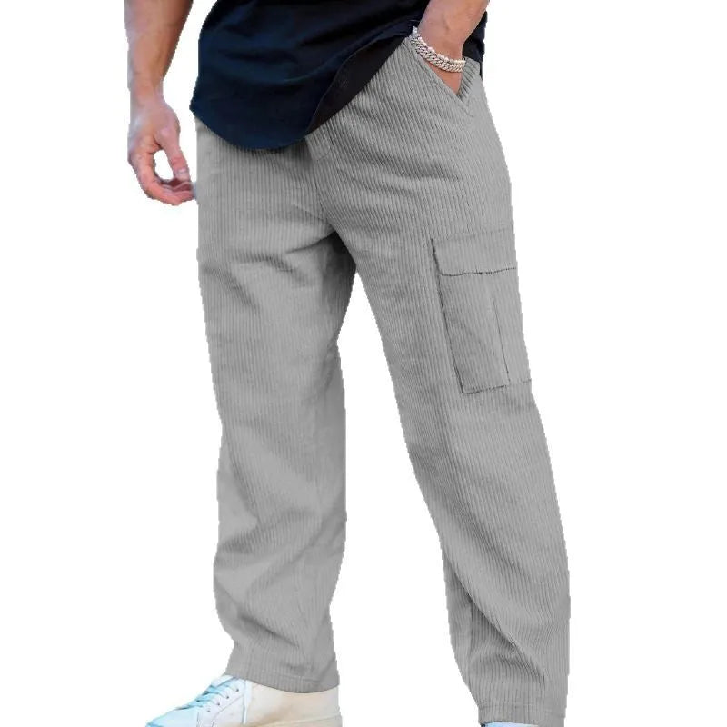 Men's straight-leg corduroy cargo trousers in navy blue with drawstring waist