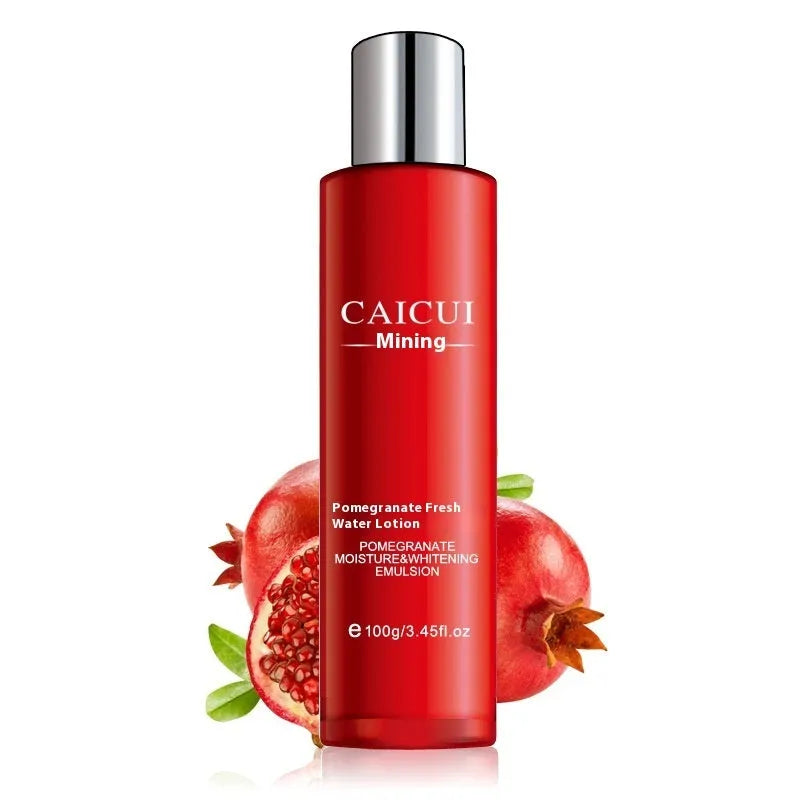 Pomegranate skincare set with four products: face wash, toner, lotion and facial cream in red packaging