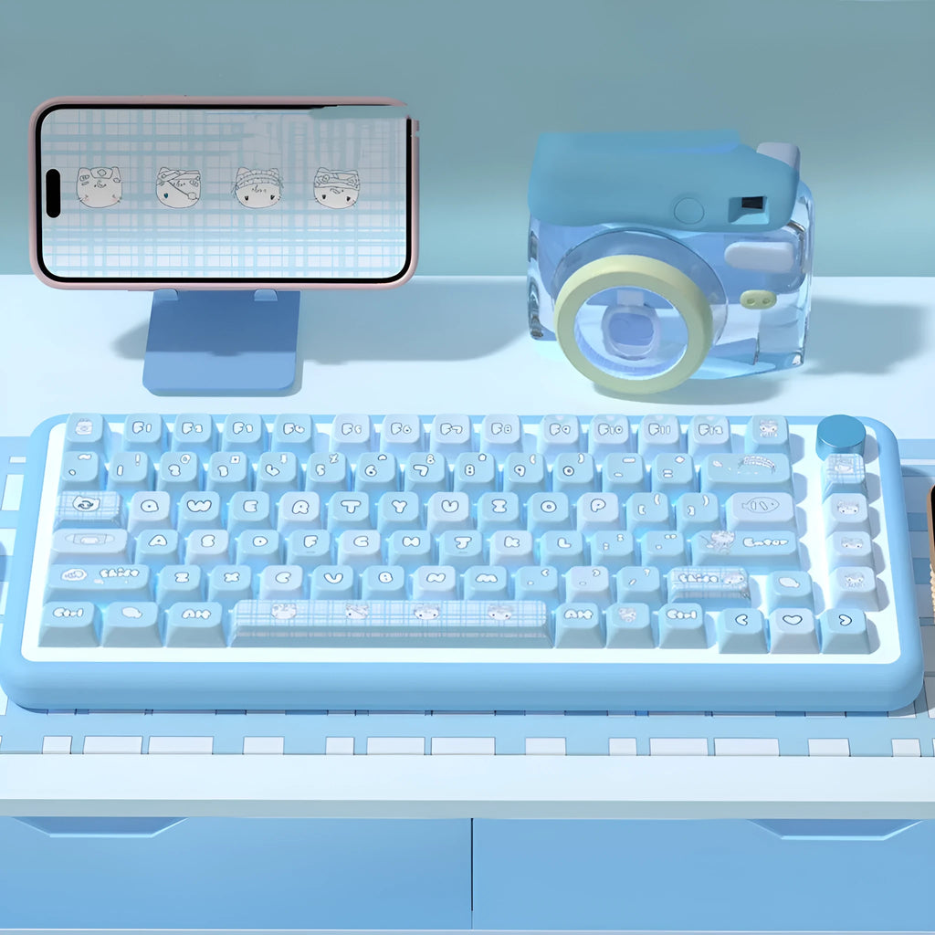 Watercolour cat design custom PTB keycap set for mechanical keyboards, showing 138 or 158 keys.