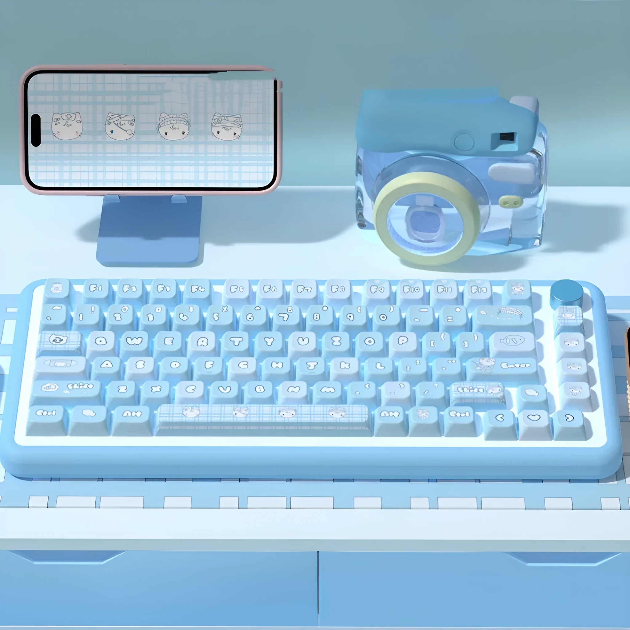Watercolour cat design custom PTB keycap set for mechanical keyboards, showing 138 or 158 keys.