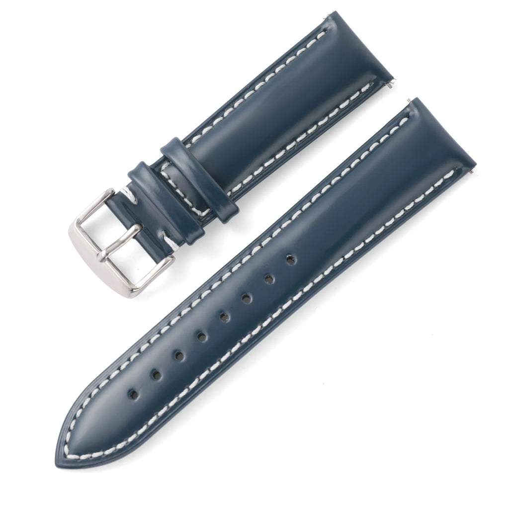 Quick release cowhide leather watch strap shown in black and dark brown colours with visible spring bar mechanism.