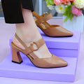 Women's black leather sandals with closed pointed toe, chunky high heel and back strap