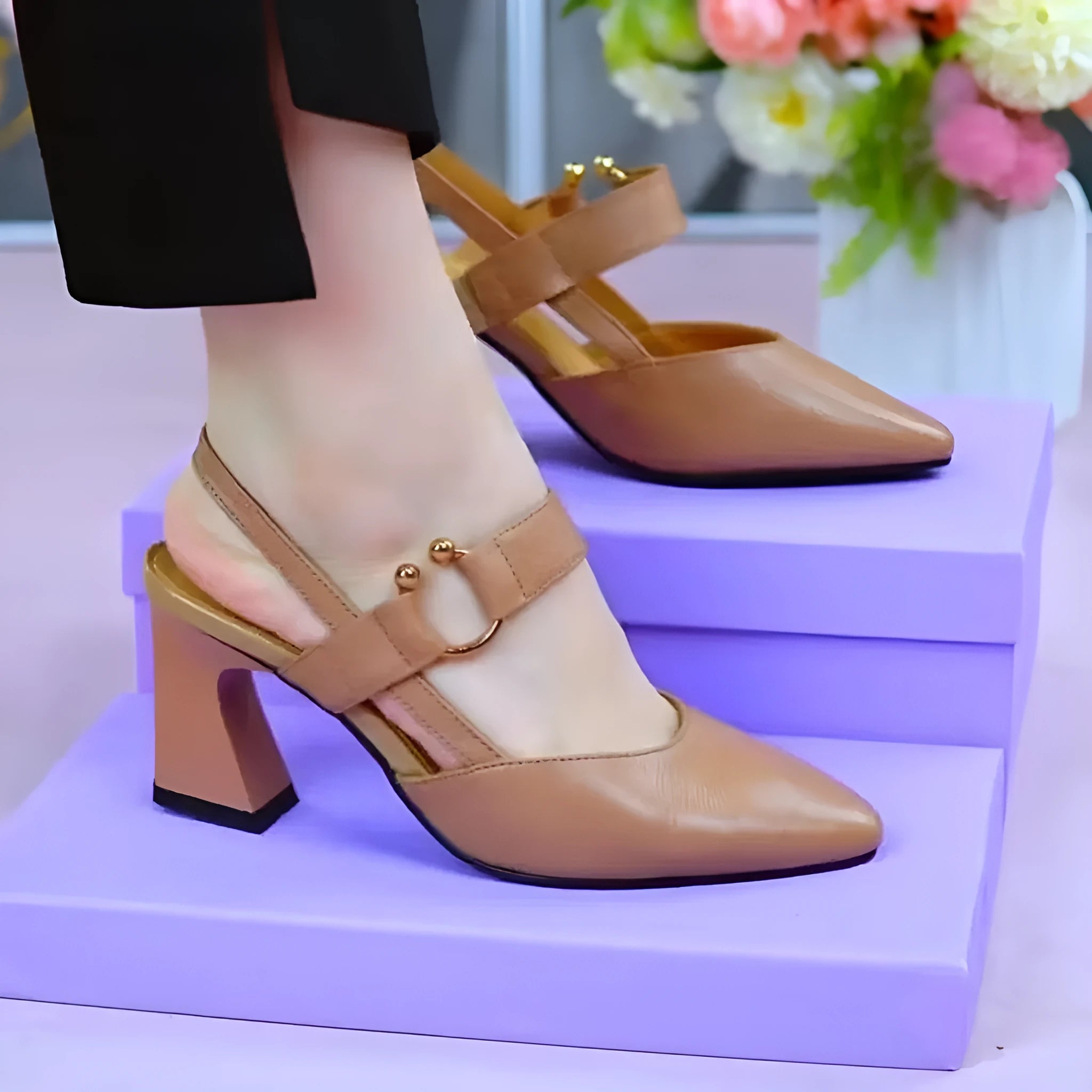 Women's black leather sandals with closed pointed toe, chunky high heel and back strap