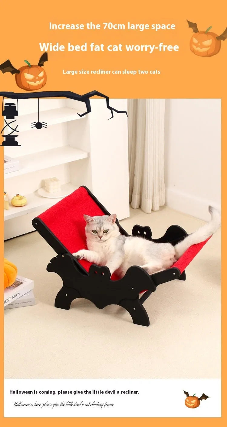 Solid wooden cat lounge chair with bat-wing Halloween design in black and red colours