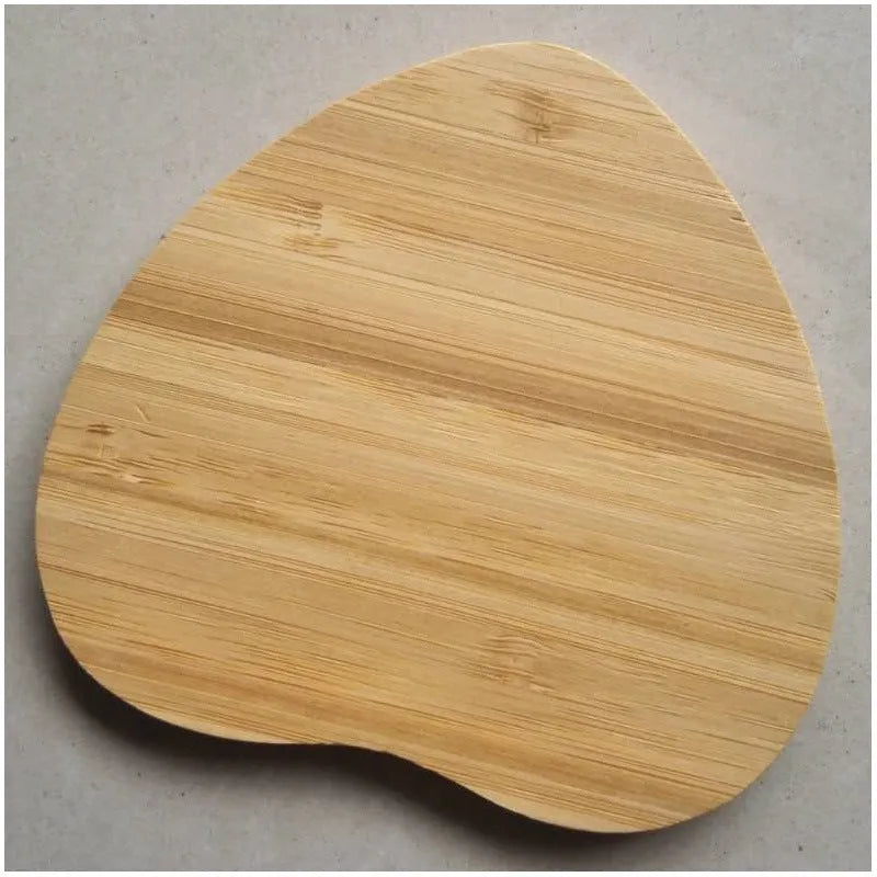 Square brown wooden bamboo 5W Qi wireless charging pad showing dimensions.