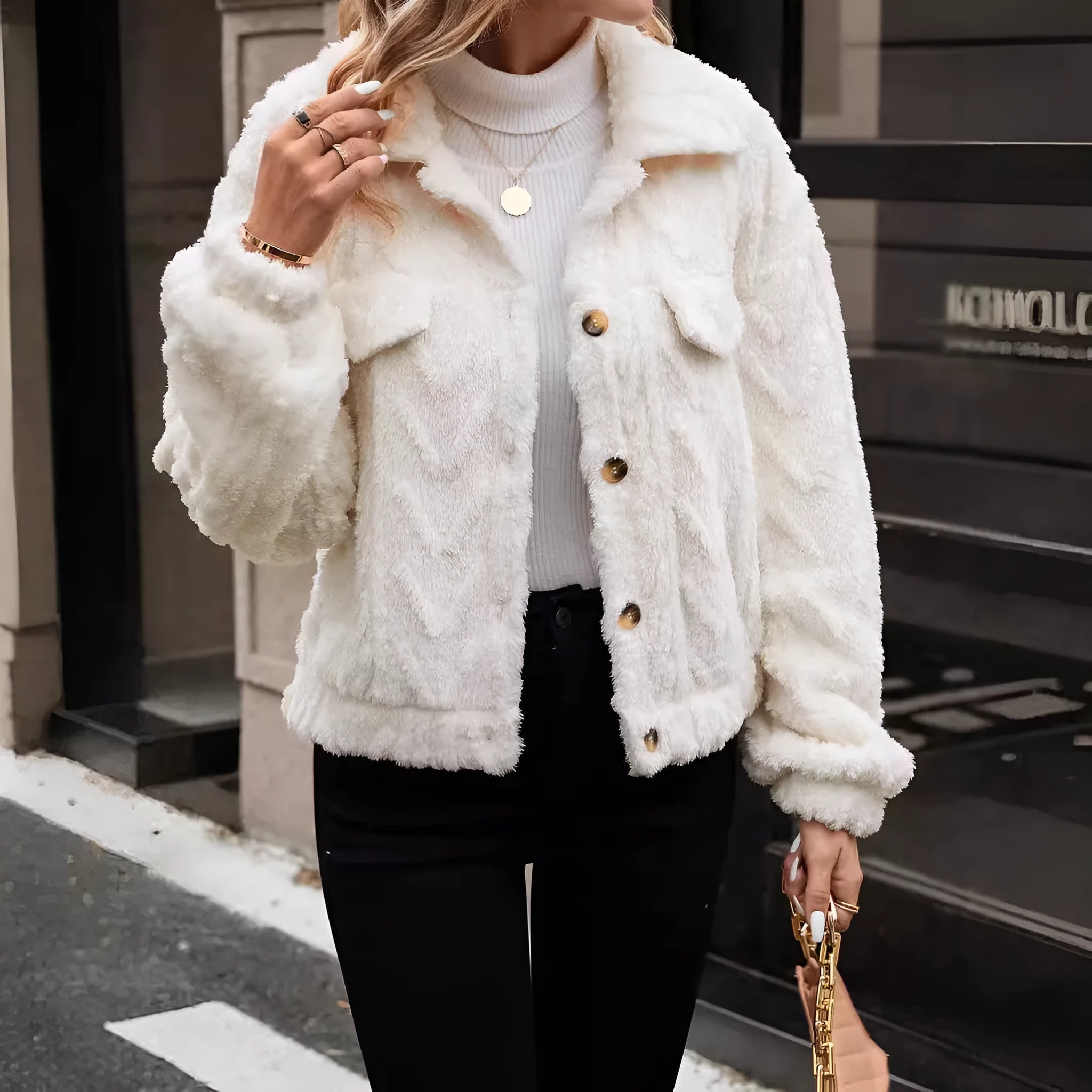 Women's ivory white button cardigan coat with double-sided plush fabric and long sleeves.
