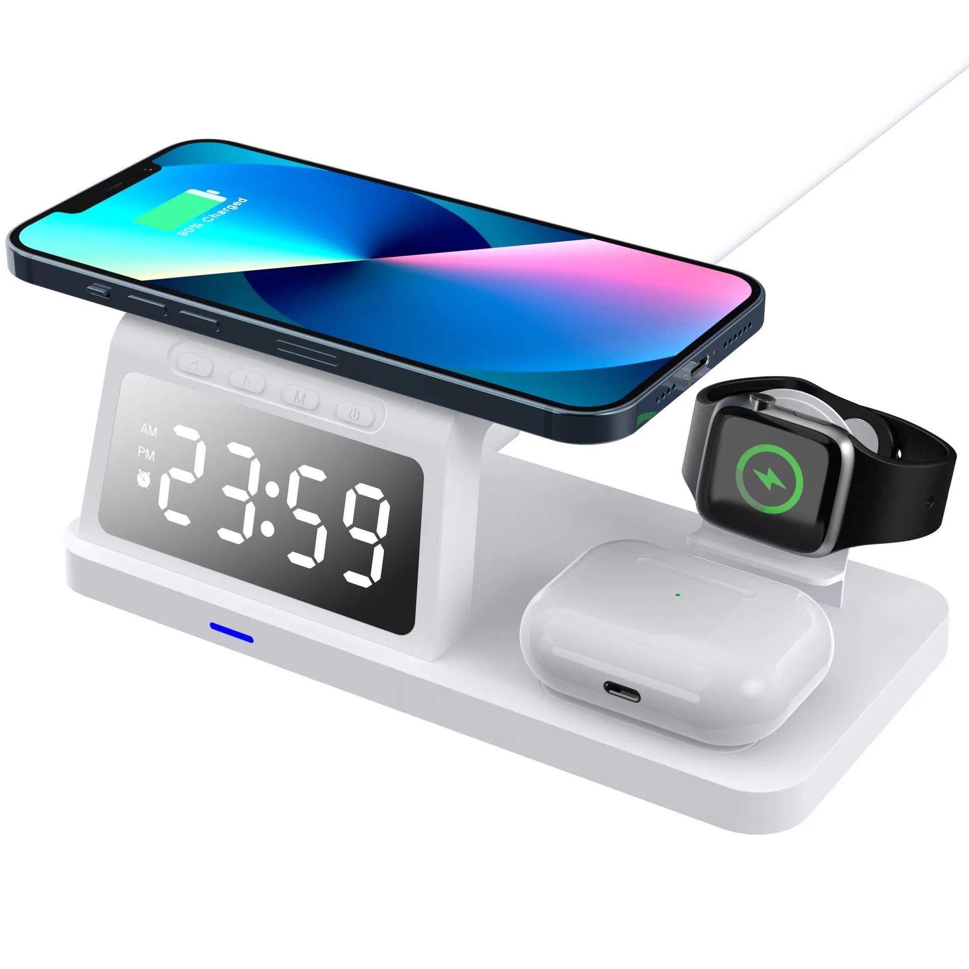 Four-in-one clock wireless charger 15W QC3.0 Type-C charging station in white