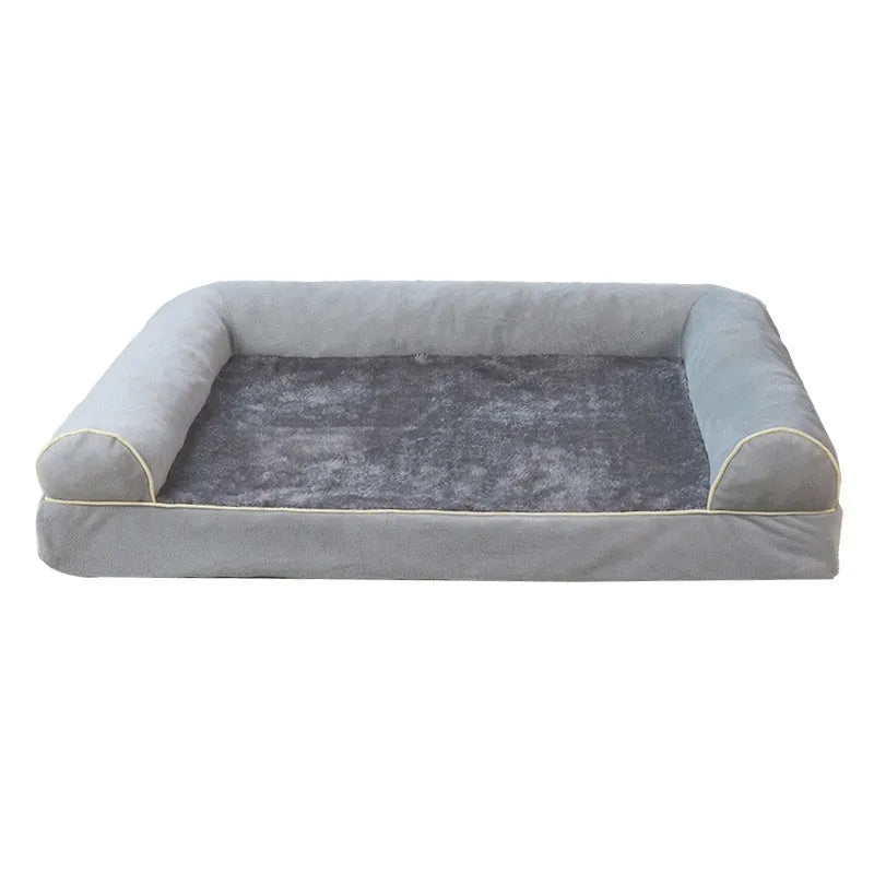 Square cloth dog bed with sponge filling shown in blue, available in multiple sizes for small to large dogs.