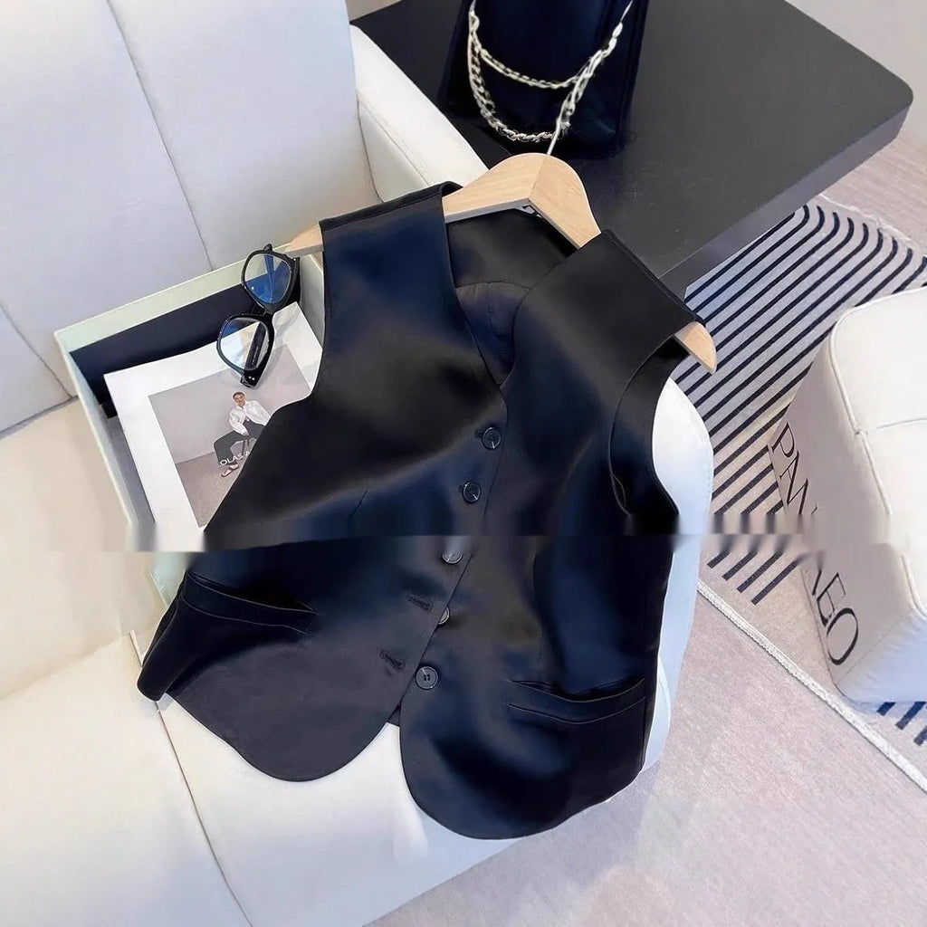 Black satin ladies sleeveless vest with loose fit and 50cm length