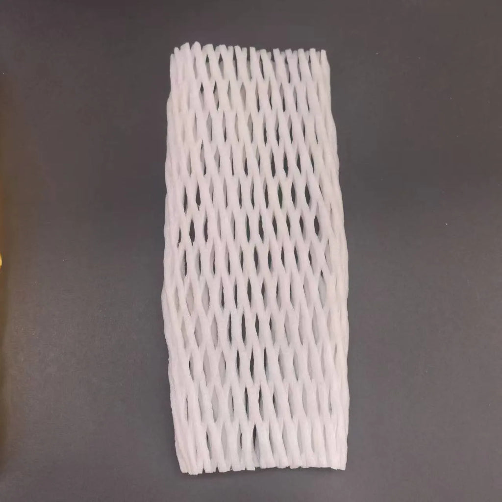 White foam fruit net cover shown in various sizes for protective wrapping.