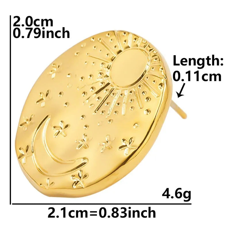 Pair of geometric stud earrings with shell design in gold or silver finish on a white background.